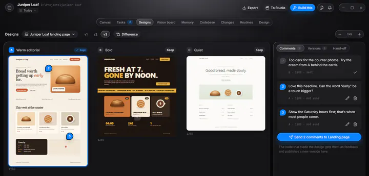Three directions for a bakery's landing page side by side, with comments pinned where they apply.