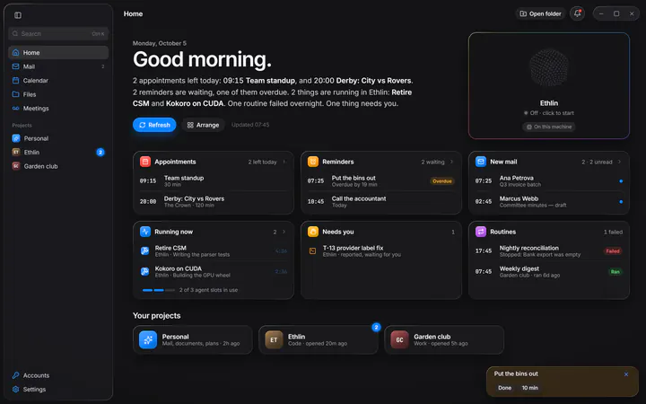 Your home screen: today's calendar, mail and reminders beside the agents at work.