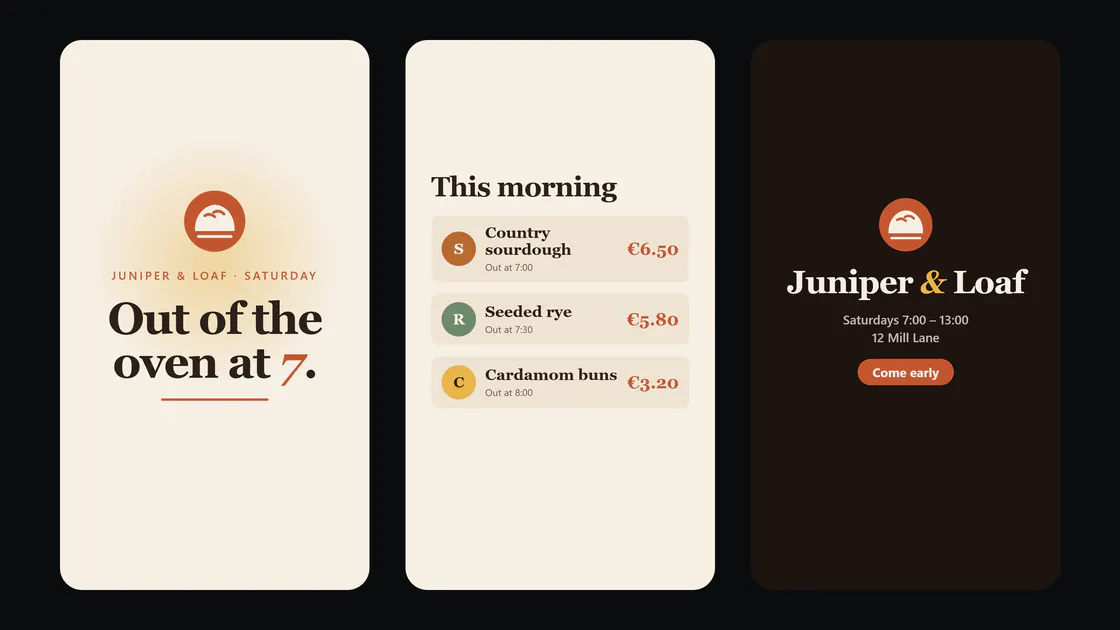 Three frames from a short reel Ethlin Studio made for a sample bakery in its brand kit: the hook, this morning's bakes with prices, and the end card.