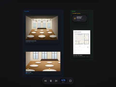 The board presented back step by step, with a photo of the hall, a walk-through video and the floor plan, and the controls to play, pause and step.